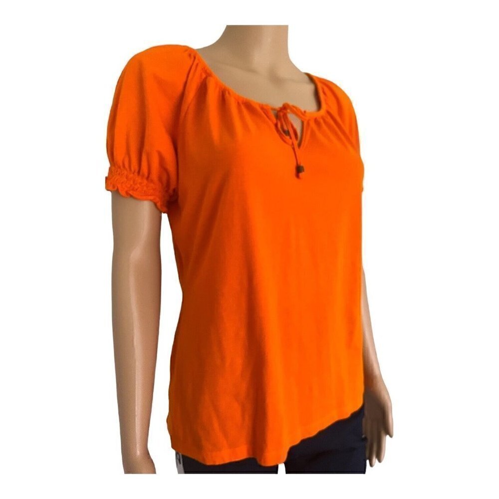 Lauren Ralph Lauren orange tie split neck ruched cotton short sleeves Women PL - Picture 2 of 12